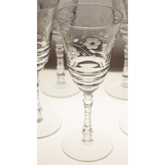 7 Rock Sharpe Halifax Water Goblet Crystal Glass Floral Etch Cut Stem Circa 40s - Picture 5 of 8